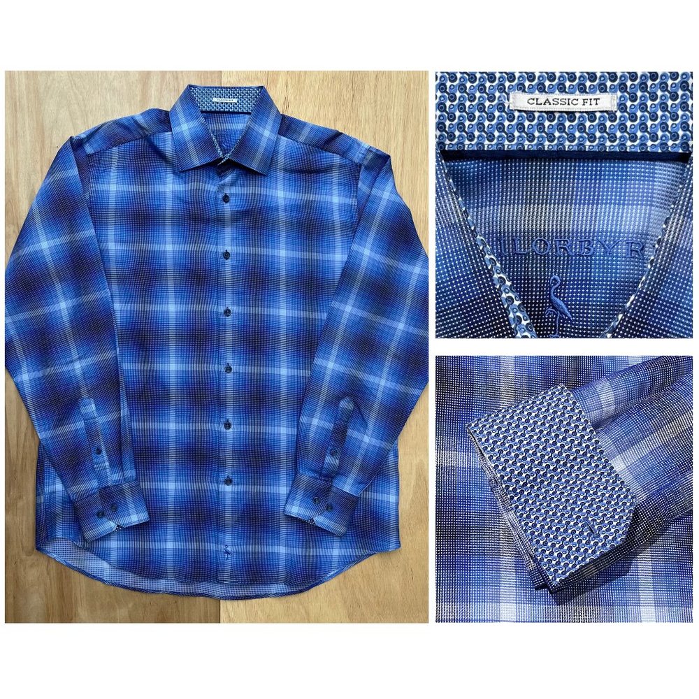 TAILORBYRD CLASSIC FLIP CUFF Men’s Blue Plaid Long Sleeve Dress Shirt sz L
